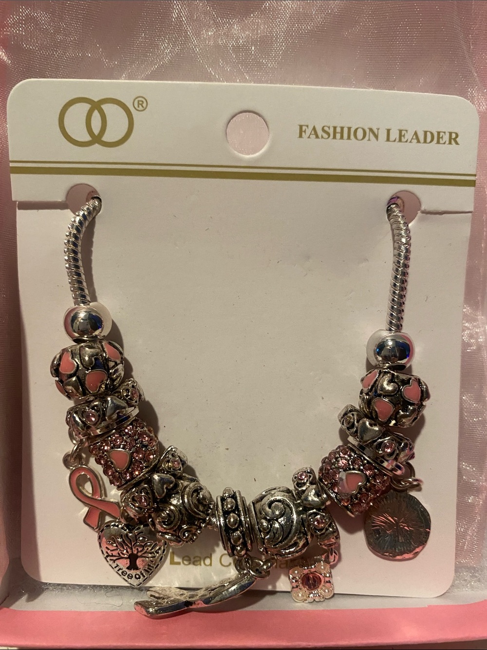 Silver & Pink Heart Charm Bracelet
